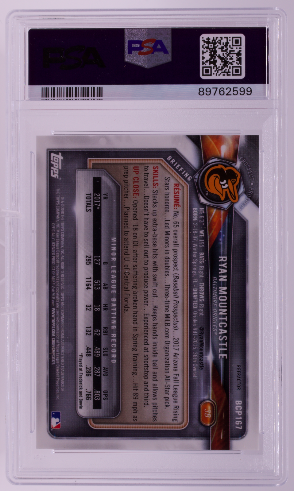 2018 Bowman Chrome Ryan Mountcastle Refractor /499 PSA 10 GEM MINT