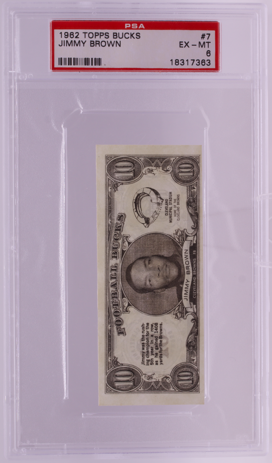 1962 Topps Football Bucks Jim Brown PSA 6 EX-MT Dollar Bill Insert Browns HOF