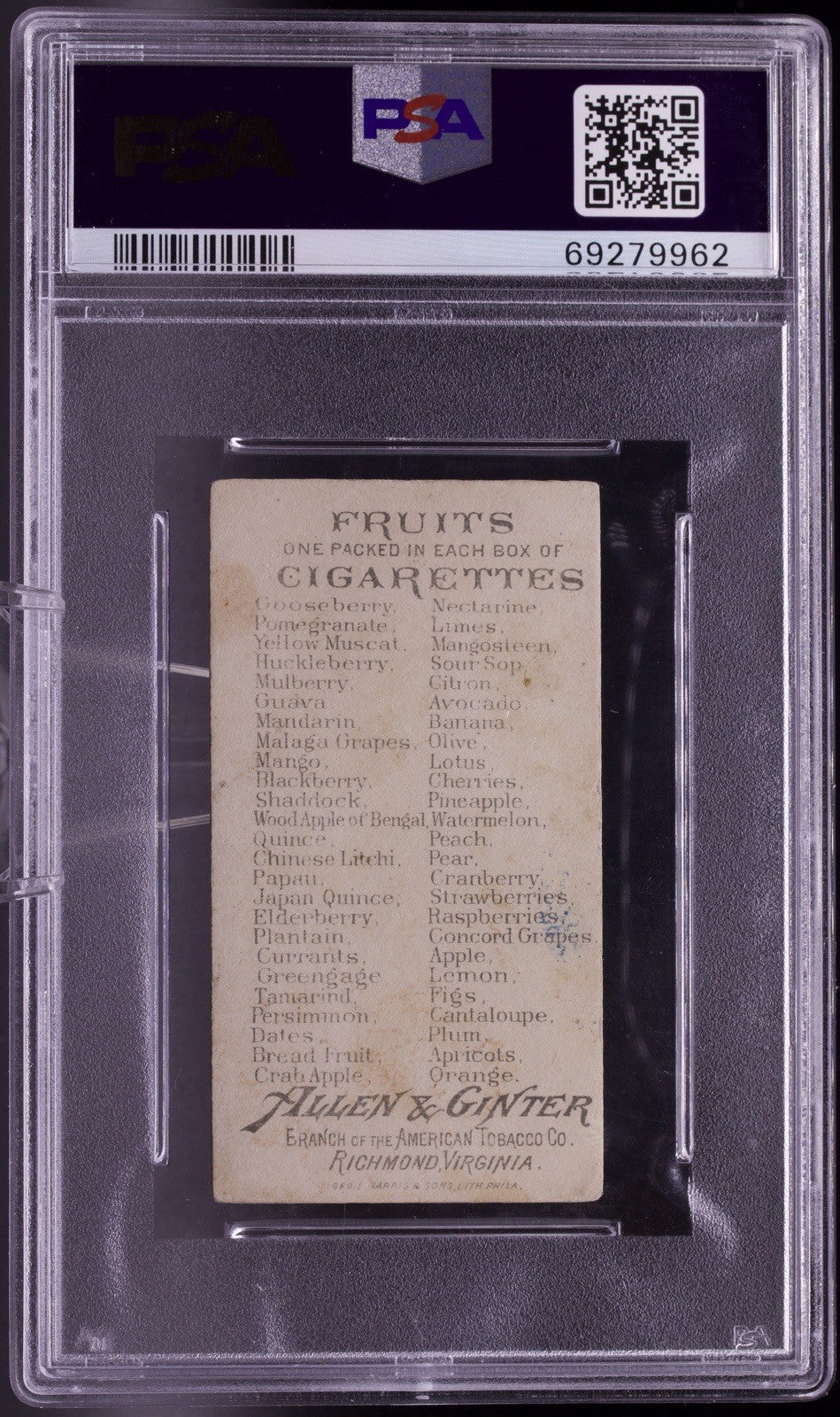 1891 N12 Allen & Ginter Fruits POMEGRANATE PSA 3 VG - Rare 19th Century Tobacco