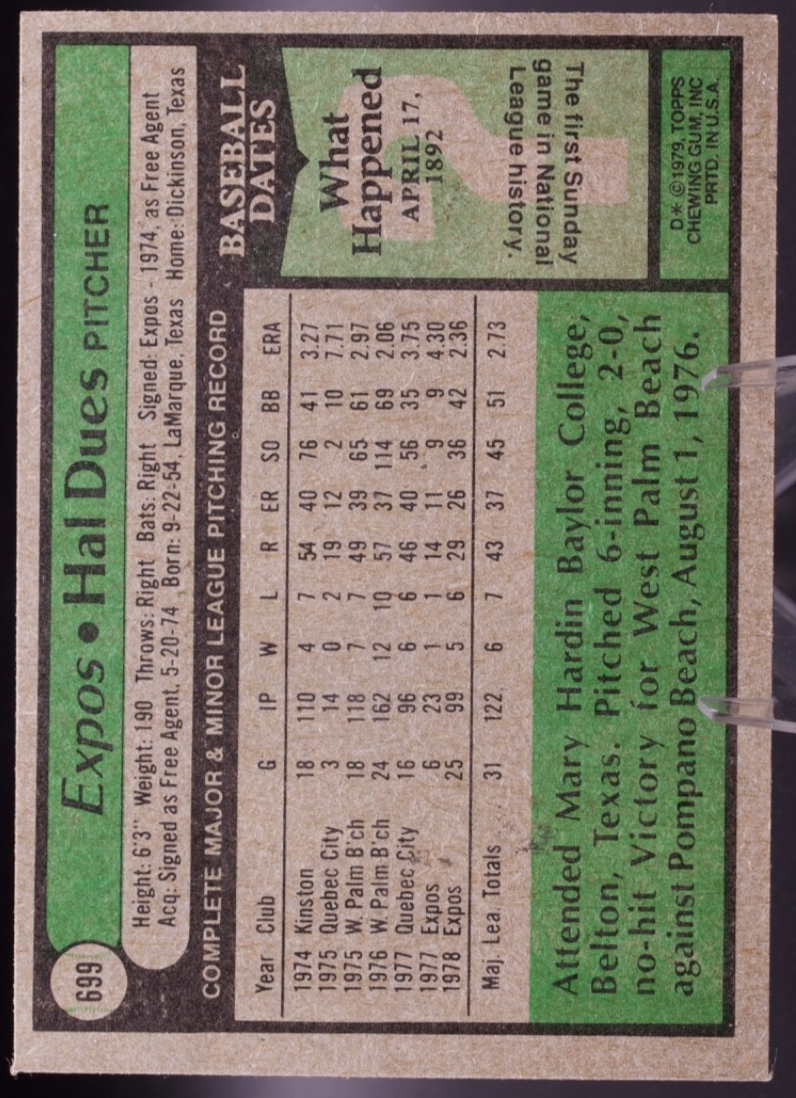 1979 Topps #699 Hal Dues Montreal Expos Rookie Pitcher Vintage Baseball Card RC