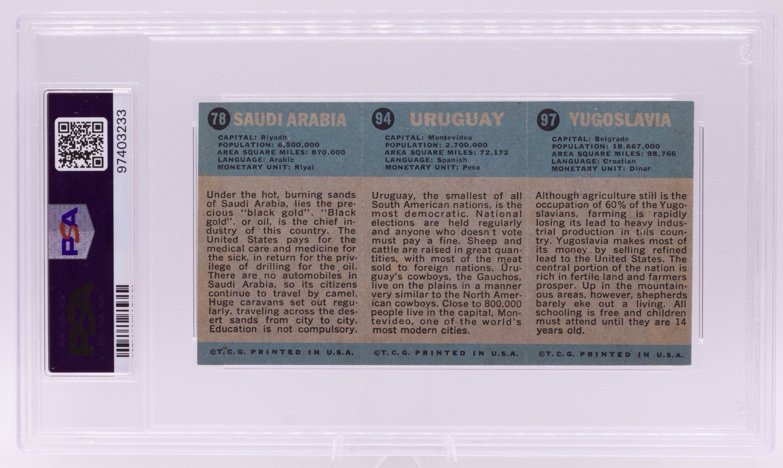 1963 Flag Midgee Cards Yugoslavia Uruguay Saudi Arabia PSA VG 3 Uncut Strip