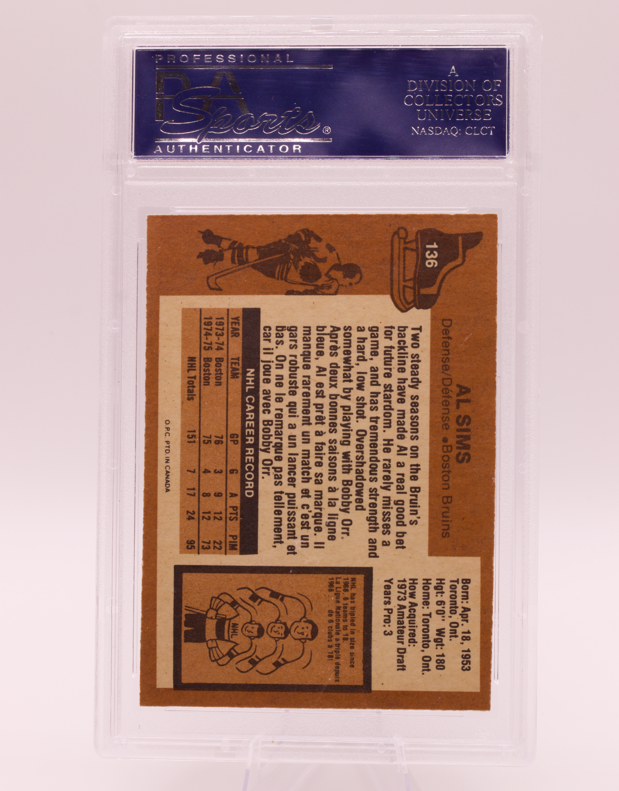1975 O-Pee-Chee #136 Al Sims PSA 8 NM-MT Boston Bruins OPC Vintage Hockey