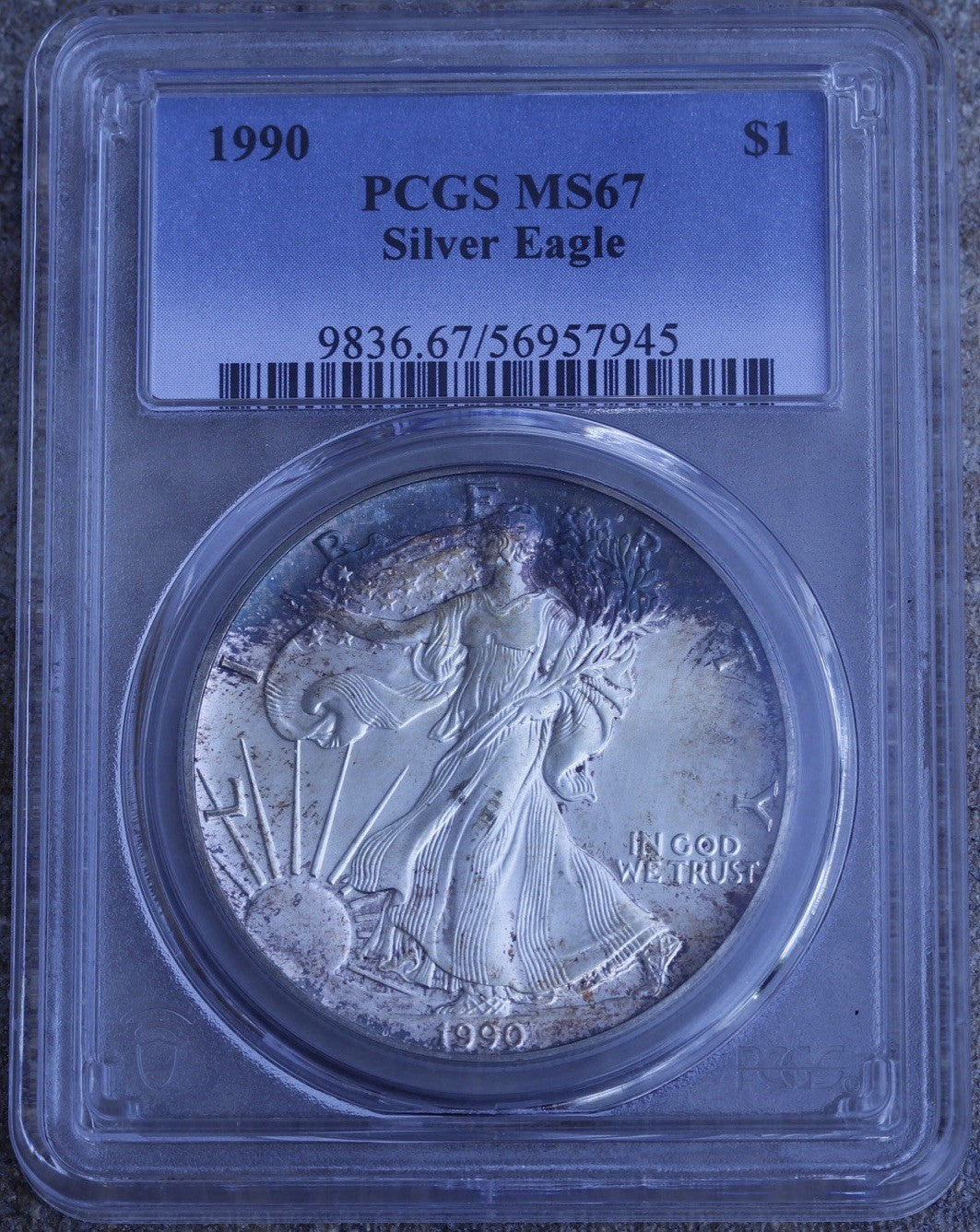 1990 Silver Eagle $1 PCGS MS67 • Nice Toning • Early Date • Crusty Toned Bullion