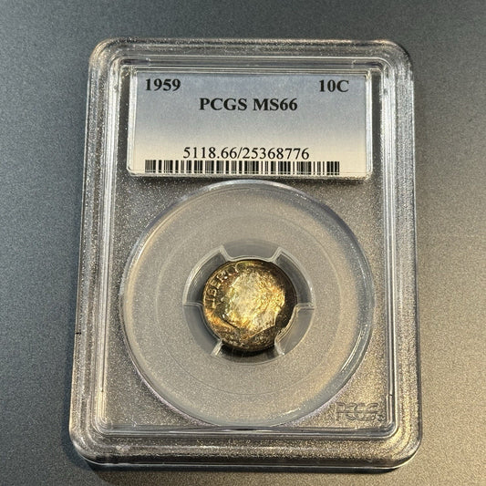 1959 Roosevelt Dime PCGS MS66 • Dark Rainbow Toning • Toned 10C Coin
