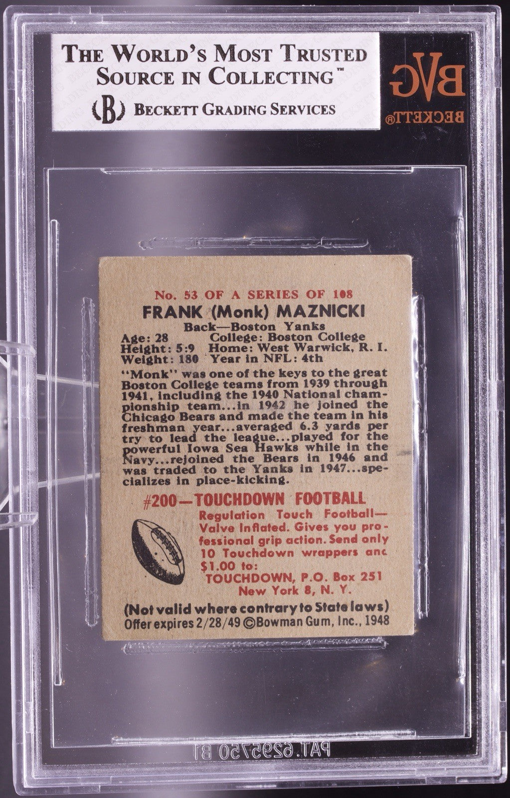 1948 Bowman #53 Monk Maznicki RC BVG 3.5 Boston College Chicago Bears WWII Navy