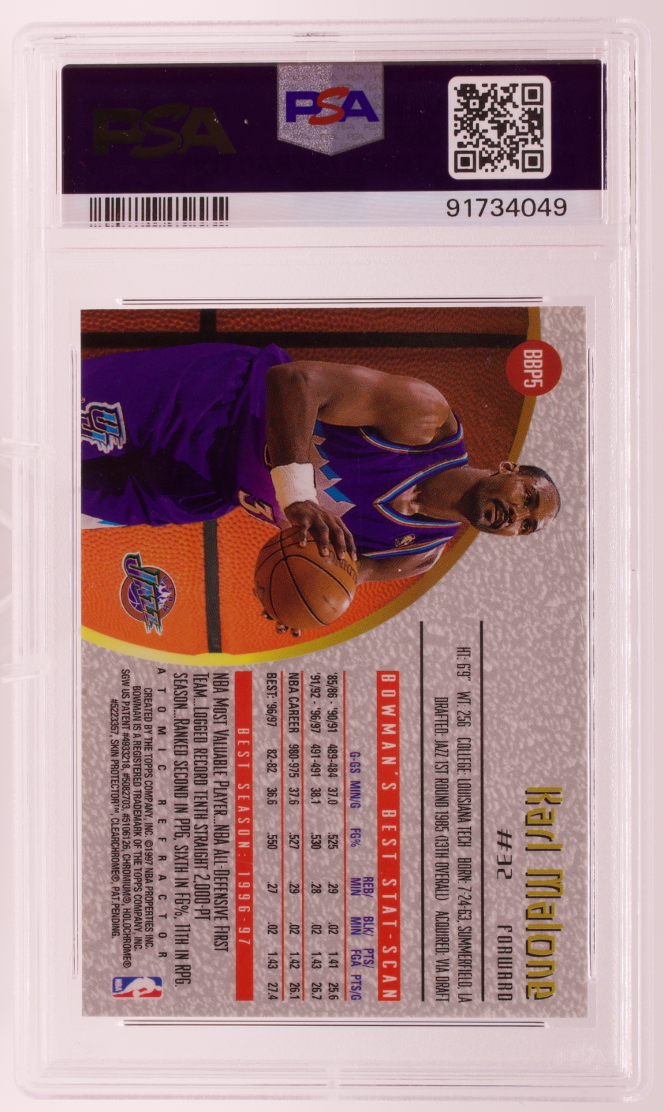 1997 Bowman's Best Karl Malone Preview Atomic Refractor #BBP5 PSA 7 NM Jazz HOF