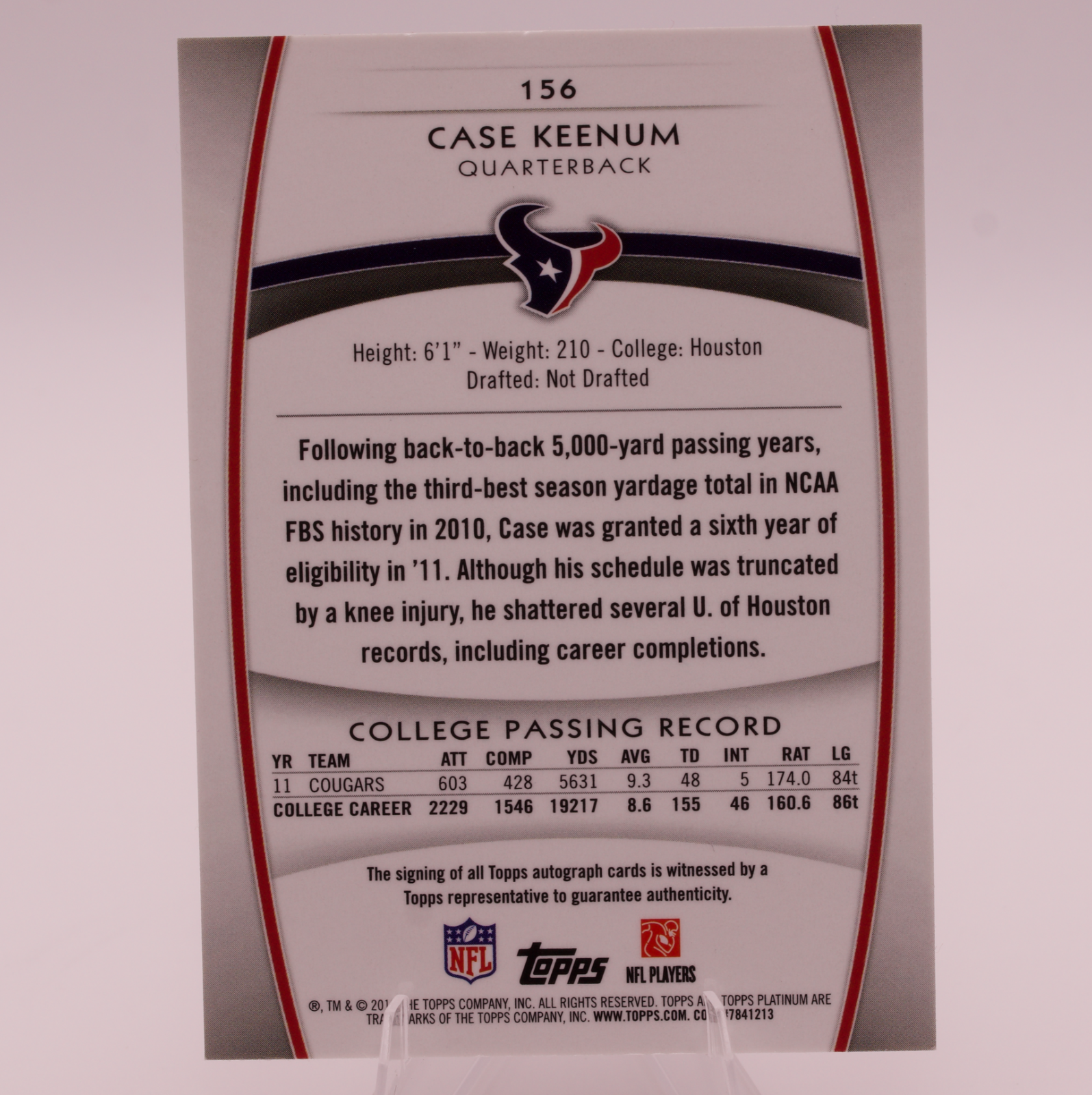 2012 Topps Platinum Case Keenum RC Auto #156 Houston Texans Rookie Autograph