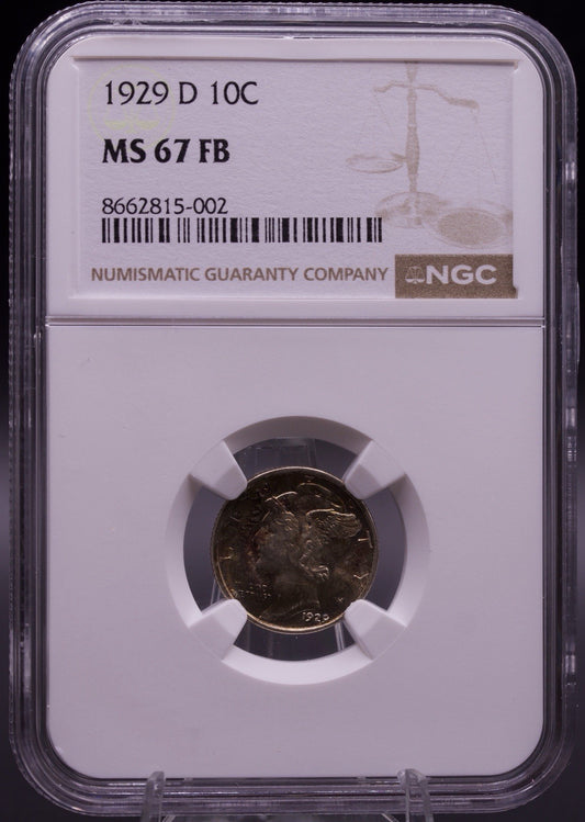 1929-D Mercury Dime NGC MS 67 FB Full Bands Toned Superb Gem 90% Silver 10C