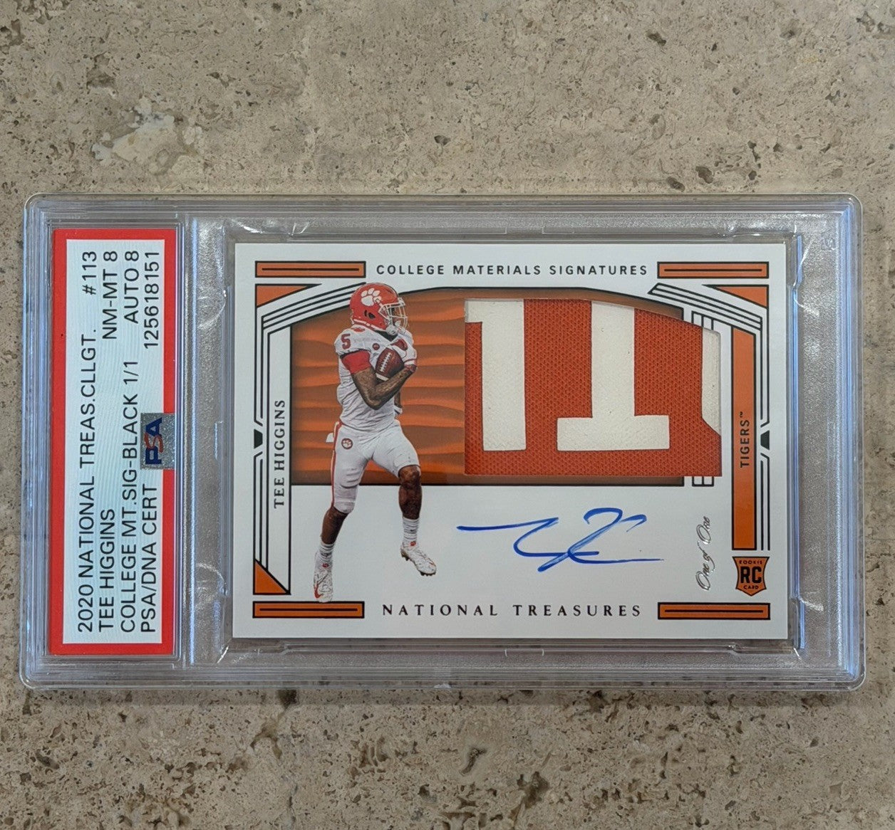 2020 National Treasures Collegiate Tee Higgins College Materials Auto 1/1 PSA 8