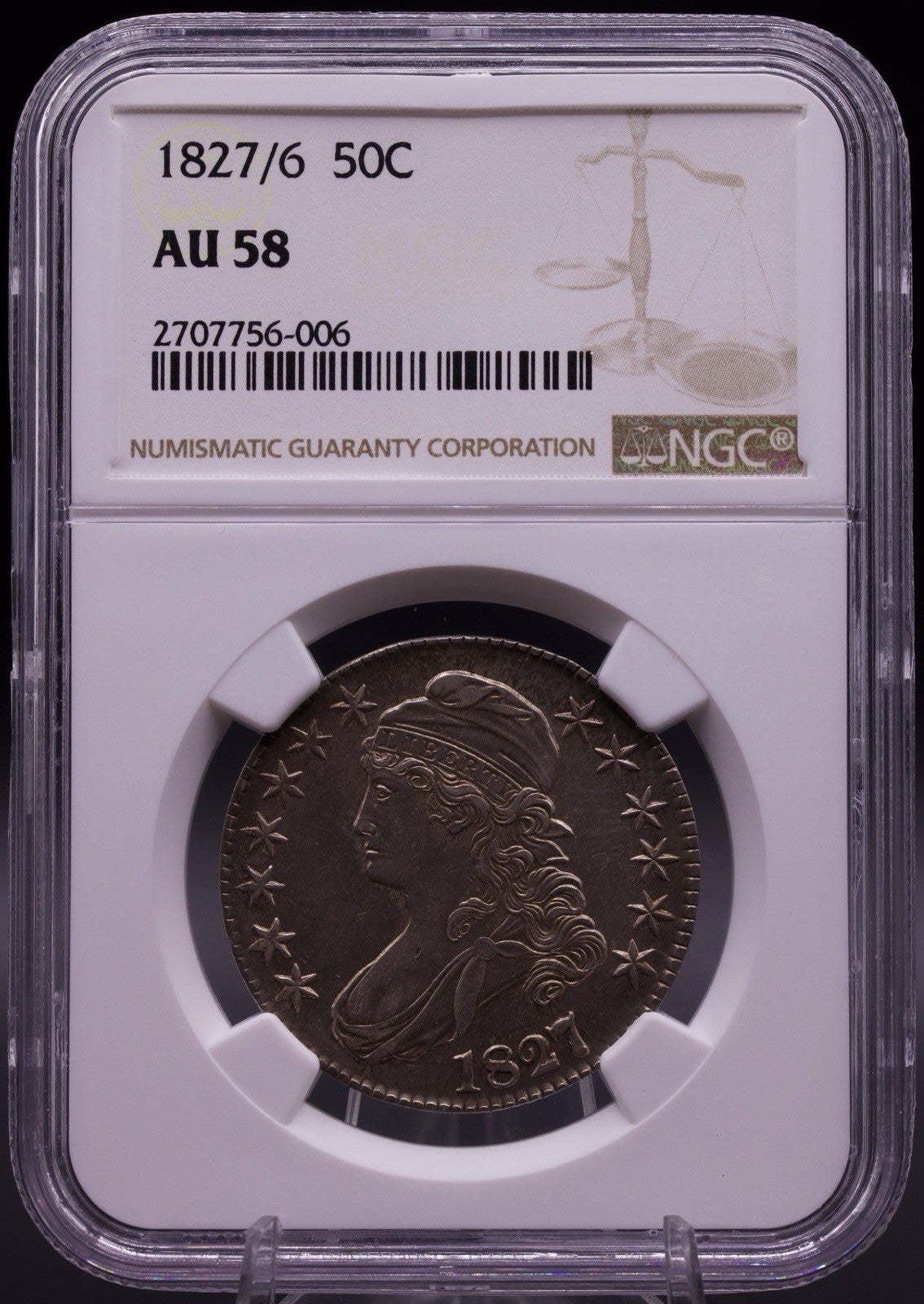 1827/6 Capped Bust Half Dollar Overdate O-101 NGC AU58 Early Silver