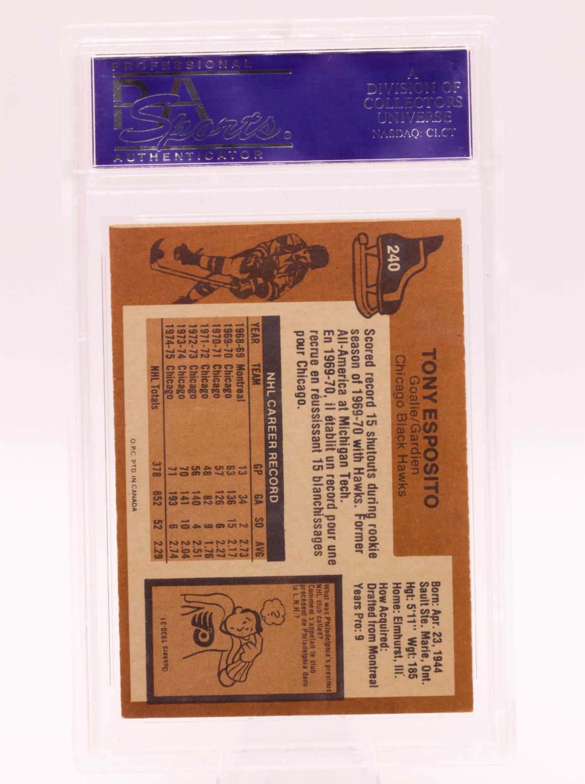 1975 O-Pee-Chee #240 Tony Esposito PSA 7 NM Chicago Black Hawks HOF Goalie