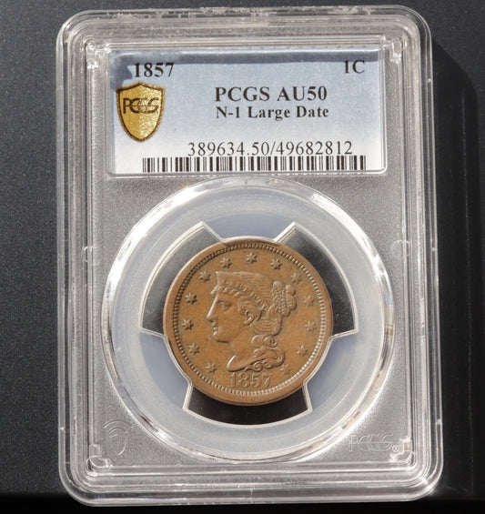 1857 Braided Hair Large Cent PCGS AU50 N-1 Large Date Early Copper Penny Coin