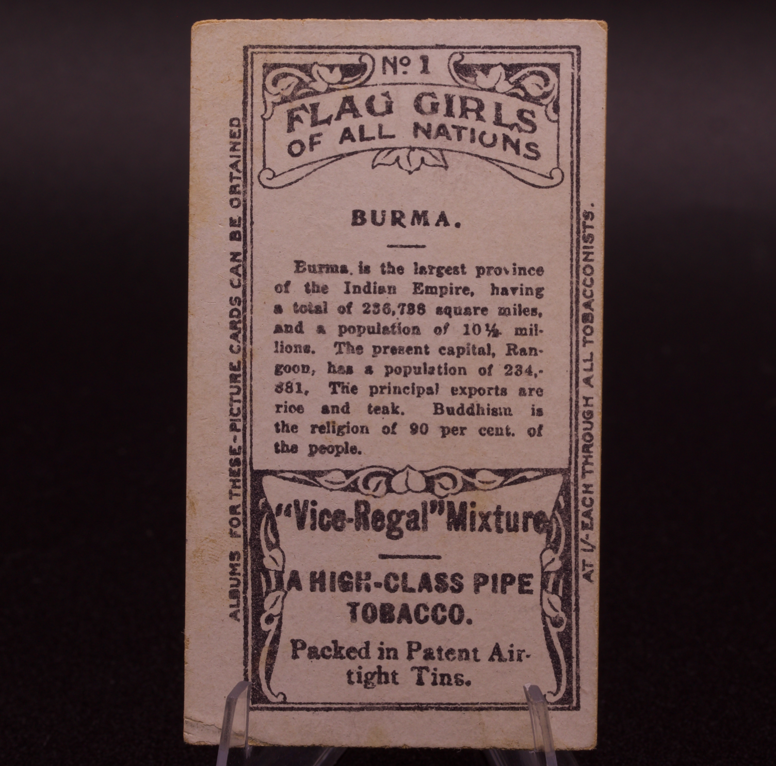 1908 Wills Flag Girls of All Nations Burma No. 1 Vice-Regal Mixture Cigarette