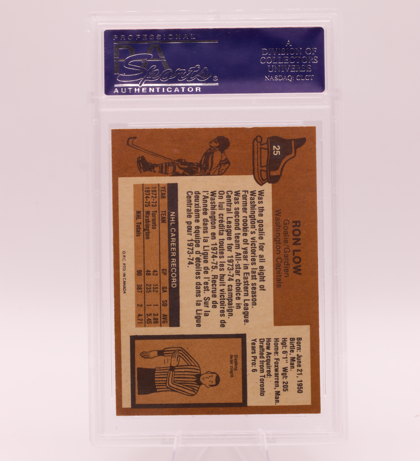 1975 O-Pee-Chee #25 Ron Low PSA 8 NM-MT Washington Capitals Goalie Hockey Card