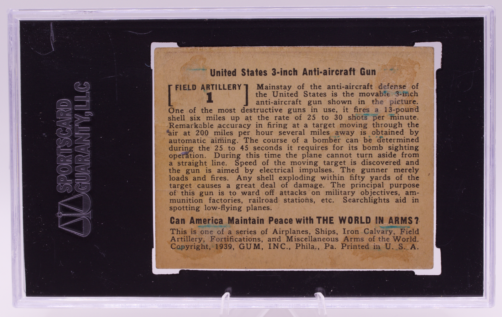 1939 Gum Inc World In Arms #1 US 3-Inch Anti-Aircraft Gun SGC 1 Poor Pre-War
