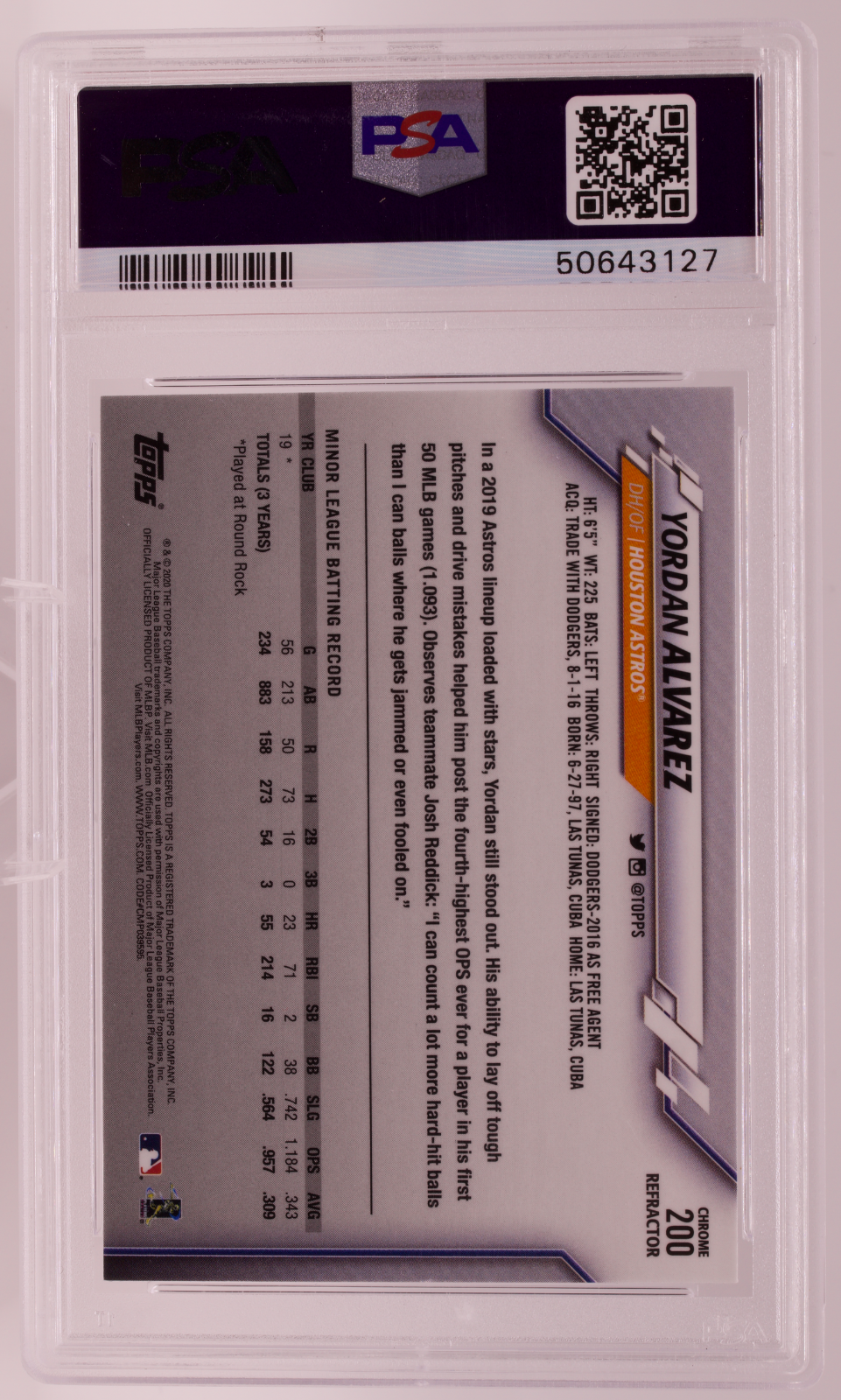 2020 Topps Chrome Yordan Alvarez Refractor RC #200 PSA 10 GEM MINT Astros