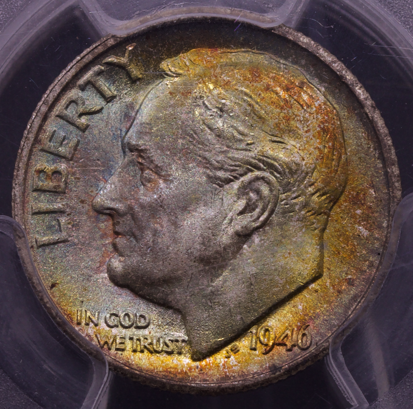 1946-S Roosevelt Dime PCGS MS67+ FB Full Bands Rainbow Toned 10C Silver Coin