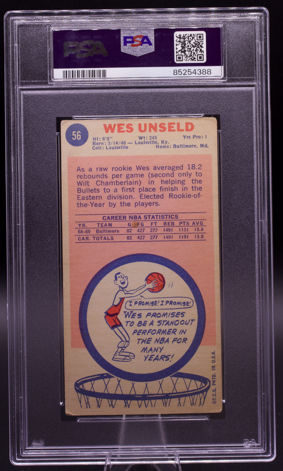 1969-70 Topps #56 Wes Unseld ExMt RC Signed w/ HOF 88 Beckett BAS Auto Grade 10 