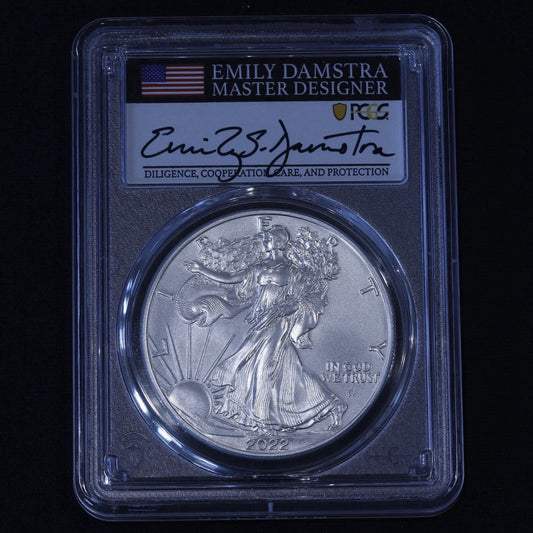 2022-W Burnished Silver Eagle PCGS SP70 • Advanced Release • Emily Damstra Auto