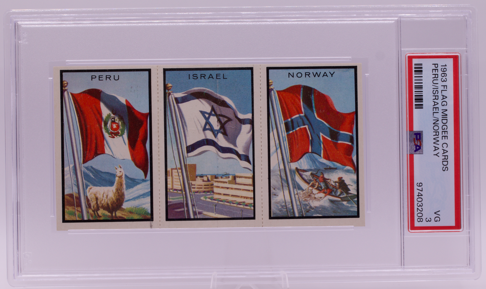 1963 Flag Midgee Cards Peru Israel Norway PSA VG 3 Uncut Strip