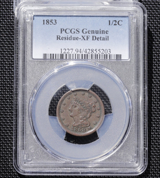 1853 Braided Hair Half Cent PCGS Genuine XF Details • Sharp LIBERTY & Bold Date