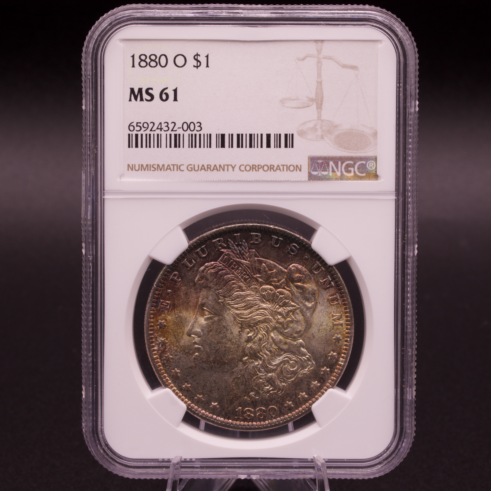 1880-O Morgan Silver Dollar NGC MS61 Orange Blue Toned New Orleans Mint $1 Coin