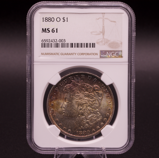 1880-O Morgan Silver Dollar NGC MS61 Orange Blue Toned New Orleans Mint $1 Coin