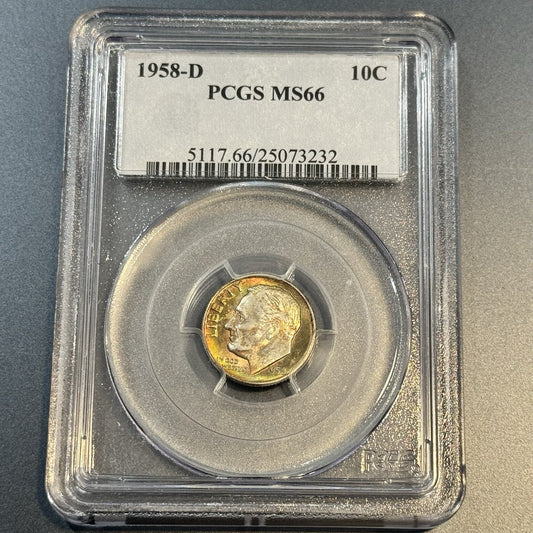 1958-D Roosevelt Dime PCGS MS66 • Colorful Rim Toning • Toned 10C Coin