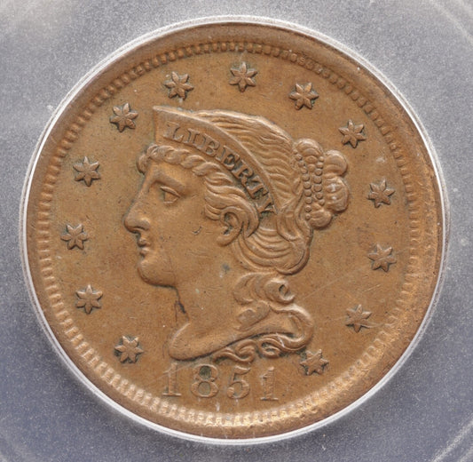 1851 Large Cent Liberty Head ICG AU58 Details Corroded Cleaned Copper Coin