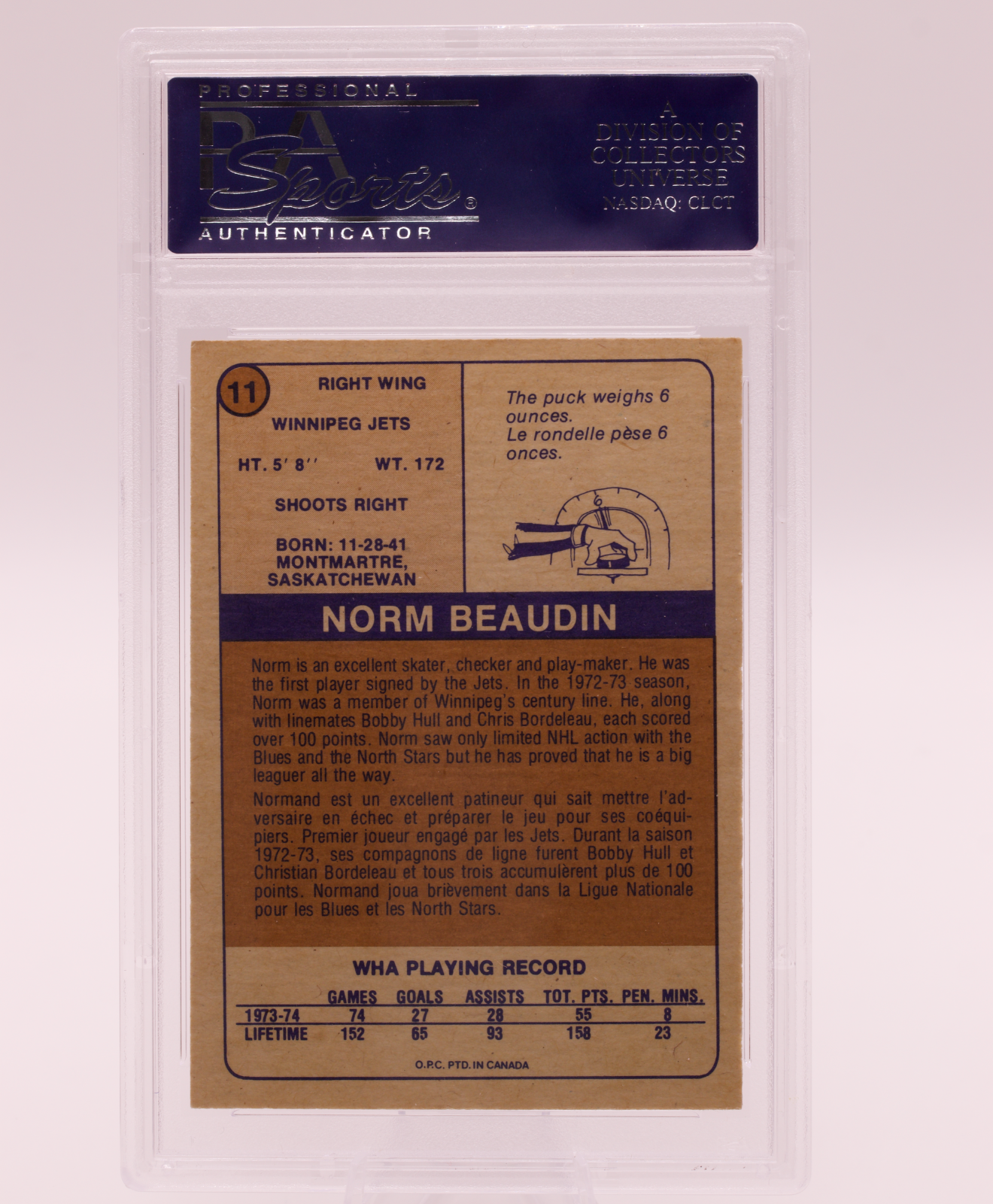 1974 O-Pee-Chee WHA Norm Beaudin #11 PSA 8.5 NM-MT+ Winnipeg Jets Vintage OPC