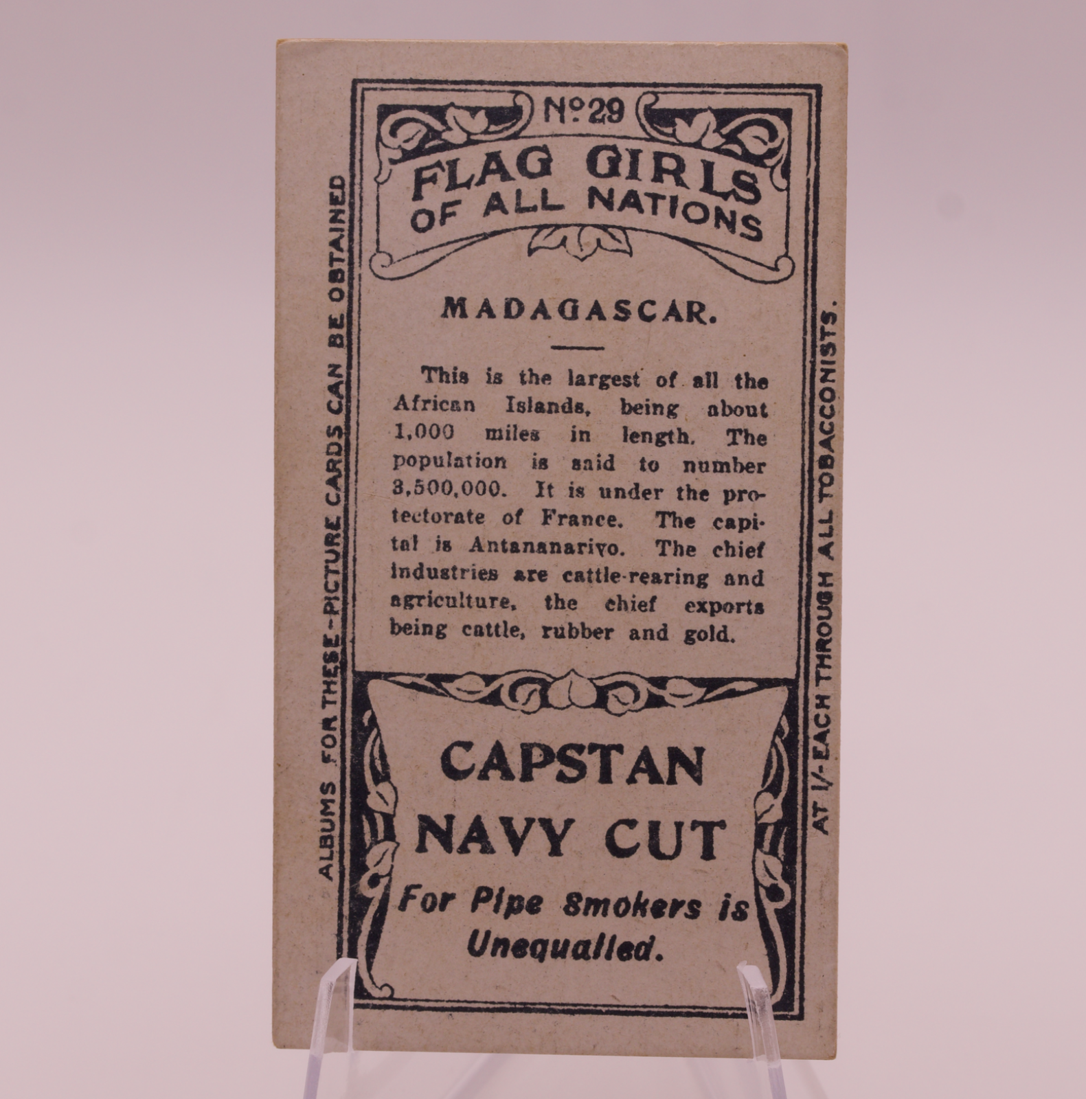 1908 Wills Flag Girls of All Nations #29 MADAGASCAR Capstan Navy Cut Tobacco Car