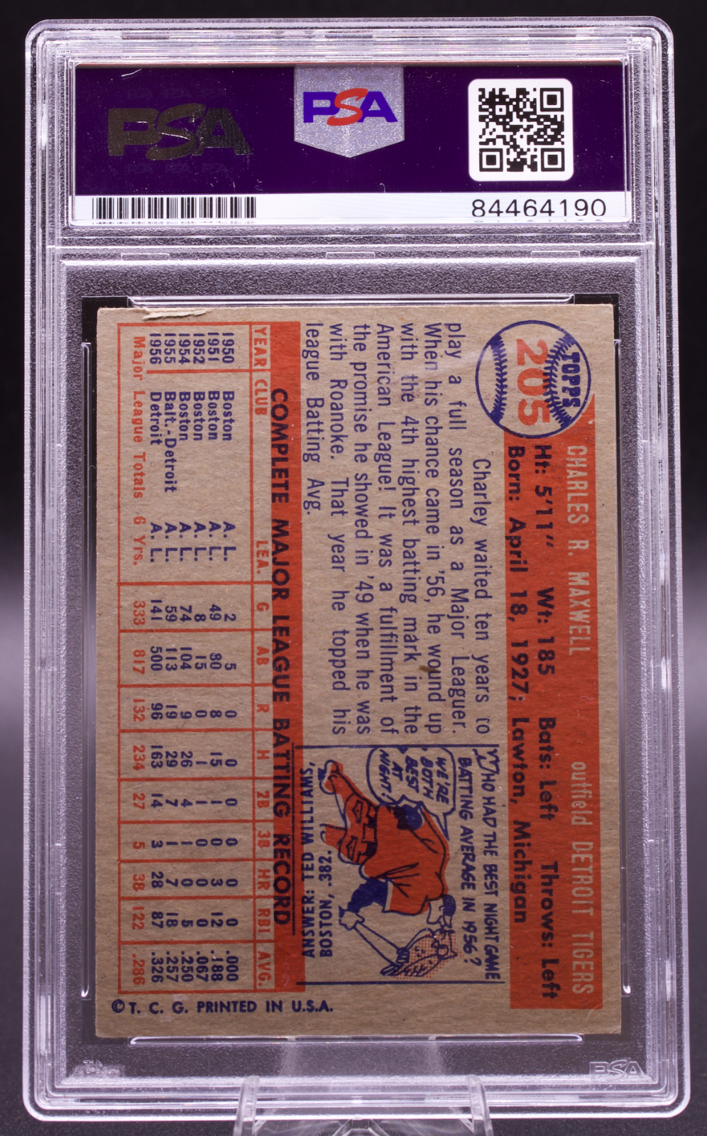 1957 Topps Charlie Maxwell #205 PSA Authentic Auto Signed Detroit Tigers Vintage