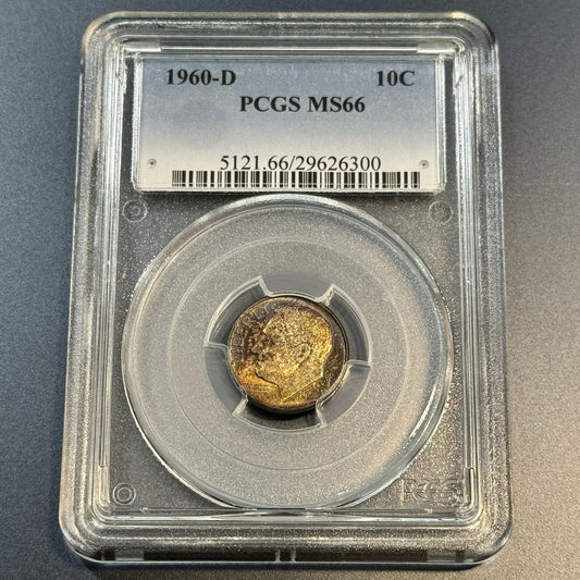 1960-D Roosevelt Dime PCGS MS66 • Full Rainbow Toning • Toned 10C Coin