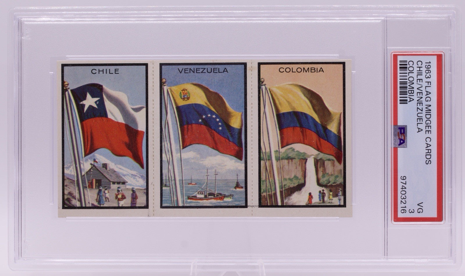 1963 Flag Midgee Cards Chile Venezuela Colombia PSA VG 3 Vintage Uncut Strip