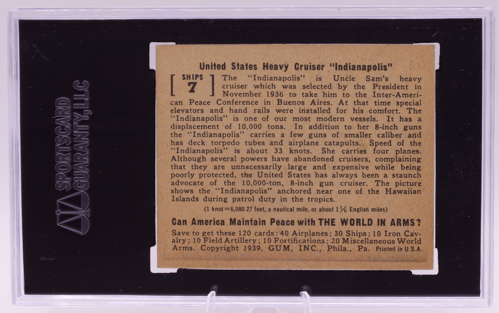 1939 Gum Inc World In Arms #7 US Heavy Cruiser USS Indianapolis SGC 3 VG WWII
