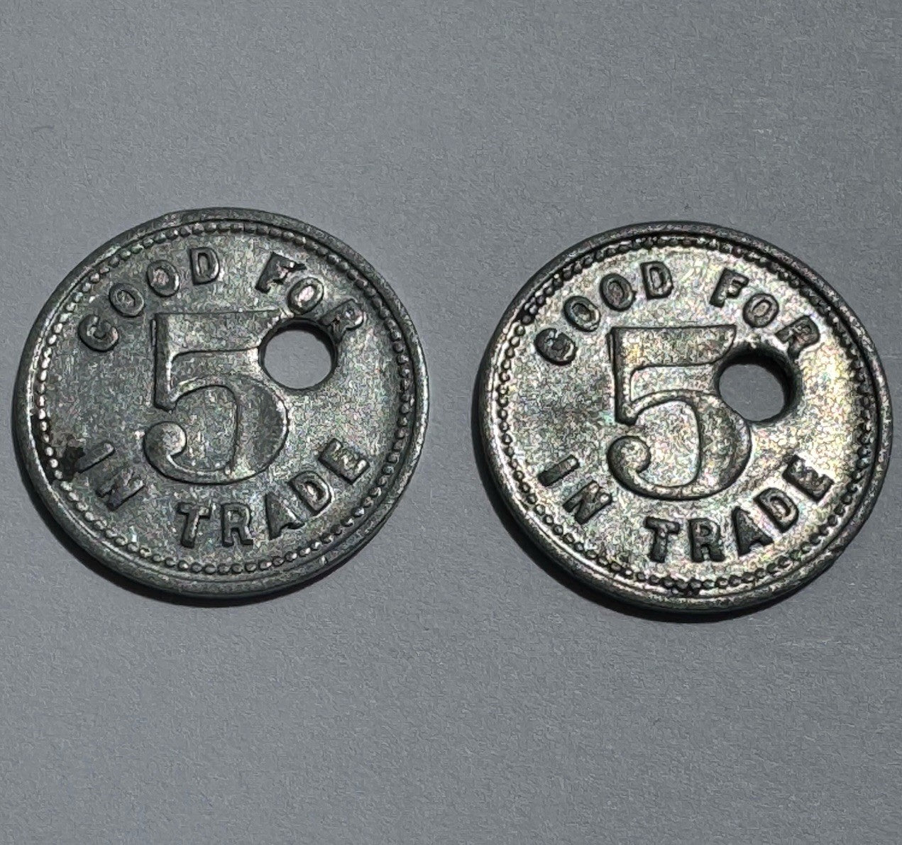 2x Jack’s Pool Hall Lamberton MN 5¢ Trade Token Aluminum Holed Bar Coin Vintage