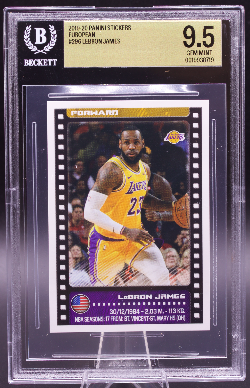 2019-20 Panini European Sticker LeBron James #296 Beckett BGS 9.5 Gem Mint