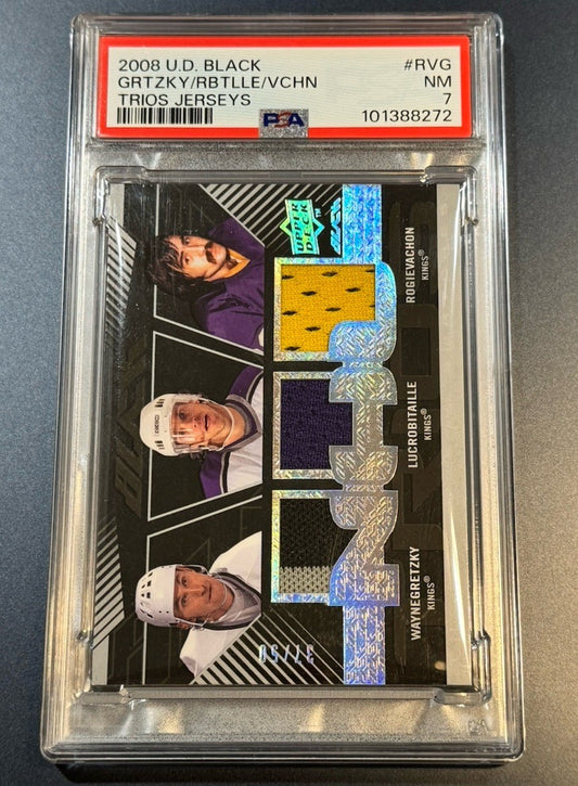2008 UD Black Gretzky Robitaille Vachon Triple Game-Used Jerseys /50 POP 1 PSA 7