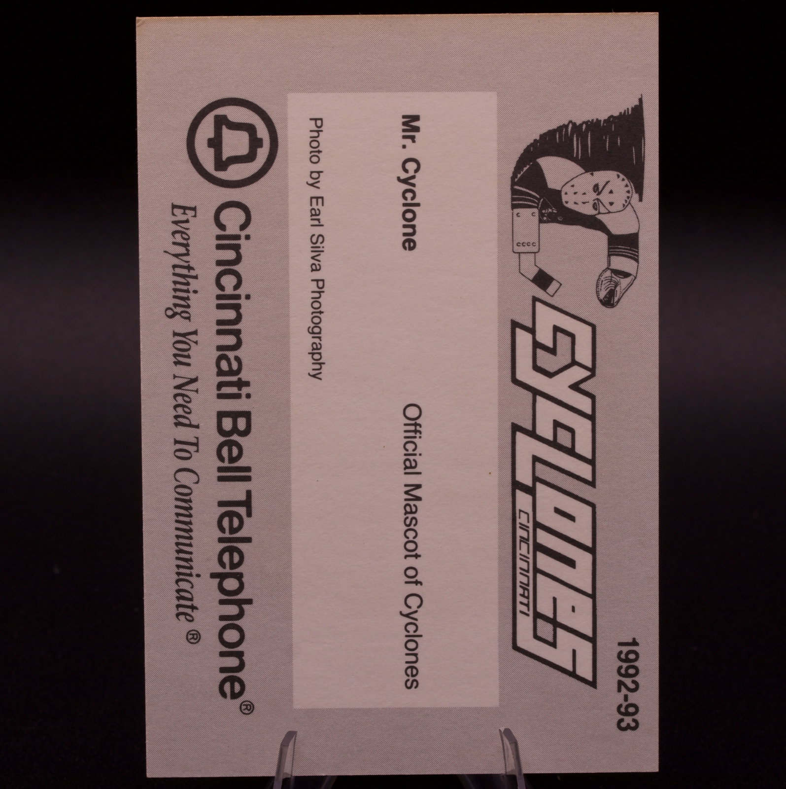 1992-93 Cincinnati Cyclones Mr. Cyclone Mascot Hockey Card Cincinnati Bell IHL
