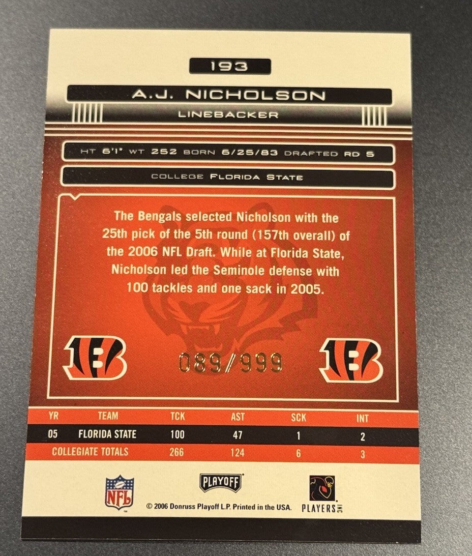 2006 Playoff Prestige A.J. Nicholson Rookie #193 • Bengals LB • Serial #’d /999