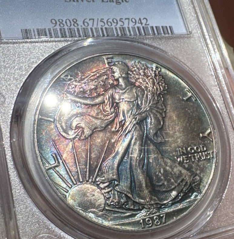 1987 Silver Eagle PCGS MS67 • Monster Toning • Blue Green Copper Color