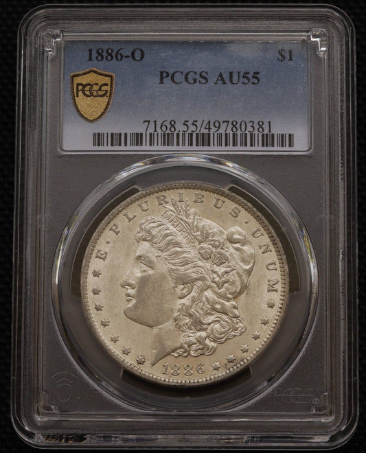 1886-O Morgan Silver Dollar PCGS AU55 Gold Shield Semi-Key Date Rare Collectible