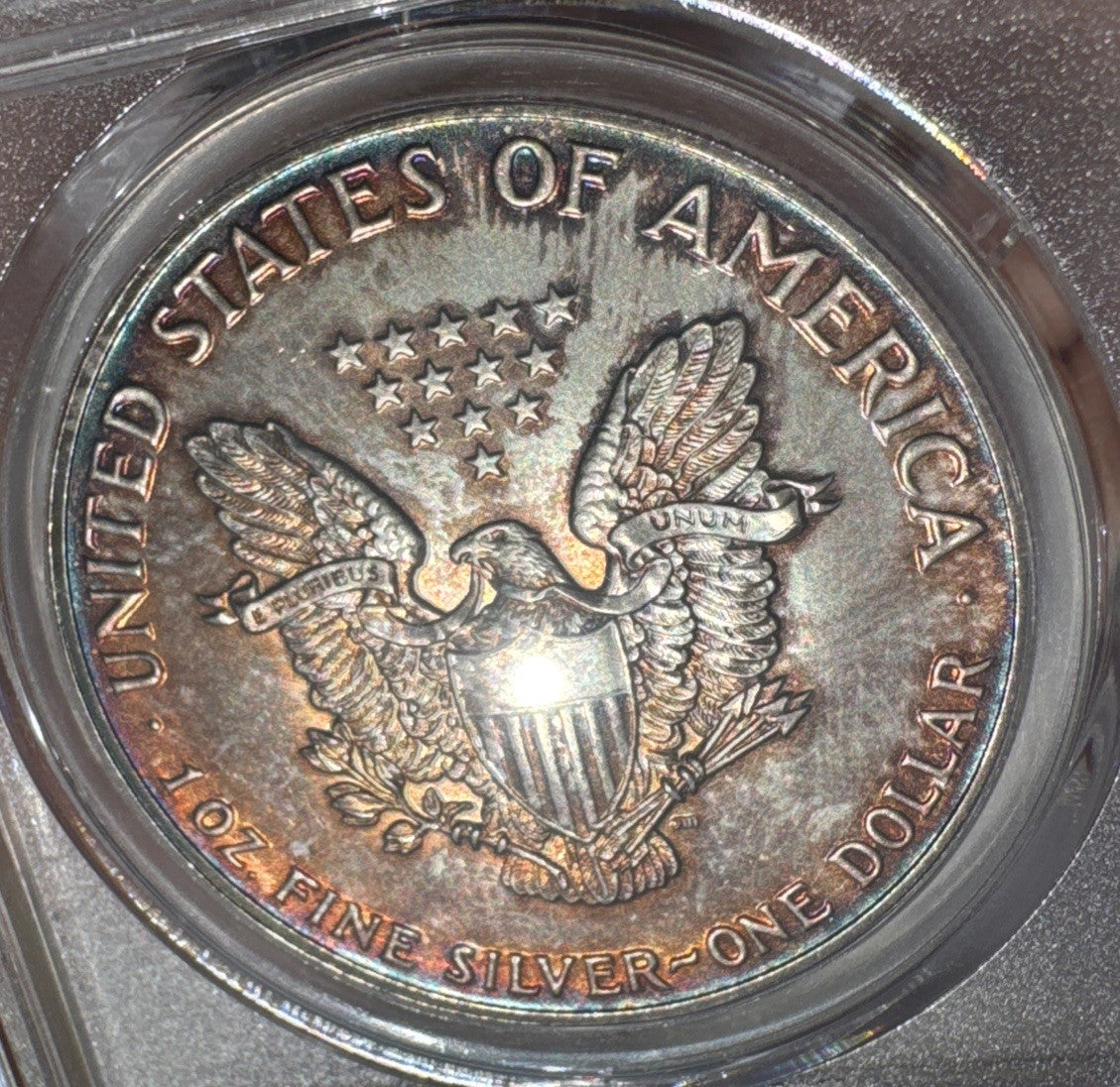 1987 Silver Eagle PCGS MS67 • Monster Toning • Blue Green Copper Color