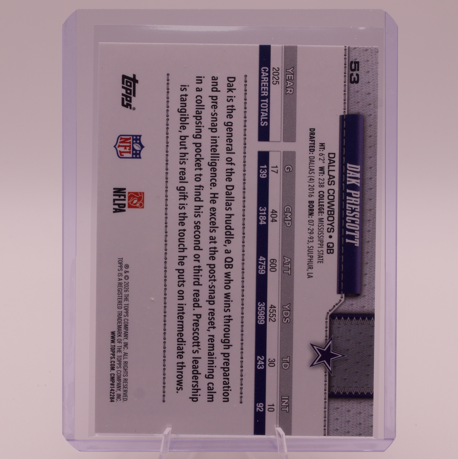 2026 Topps Dak Prescott #53 Dallas Cowboys QB Football Card Mississippi State