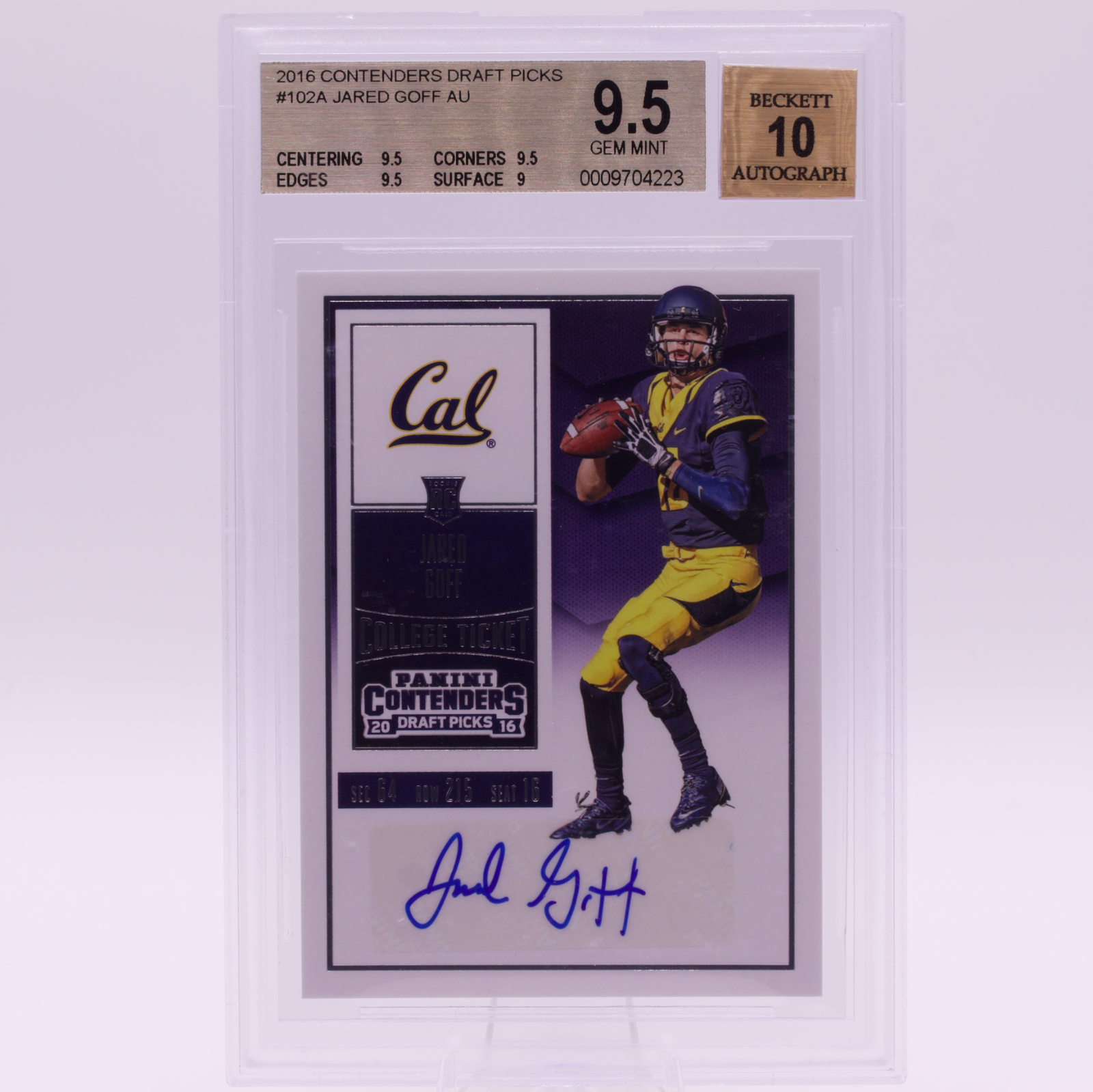 Jared Goff 2016 Contenders College Ticket Rookie Auto RC BGS 9.5 Lions #102A