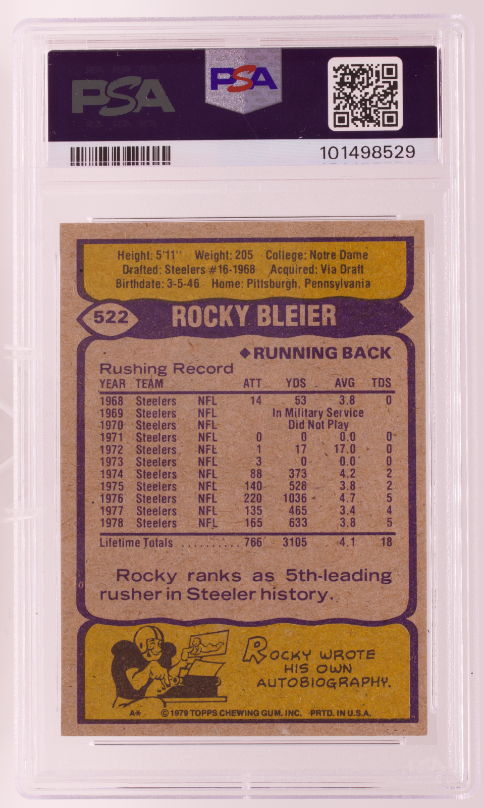 1979 Topps #522 Rocky Bleier PSA 8 NM-MT Pittsburgh Steelers Notre Dame Vintage