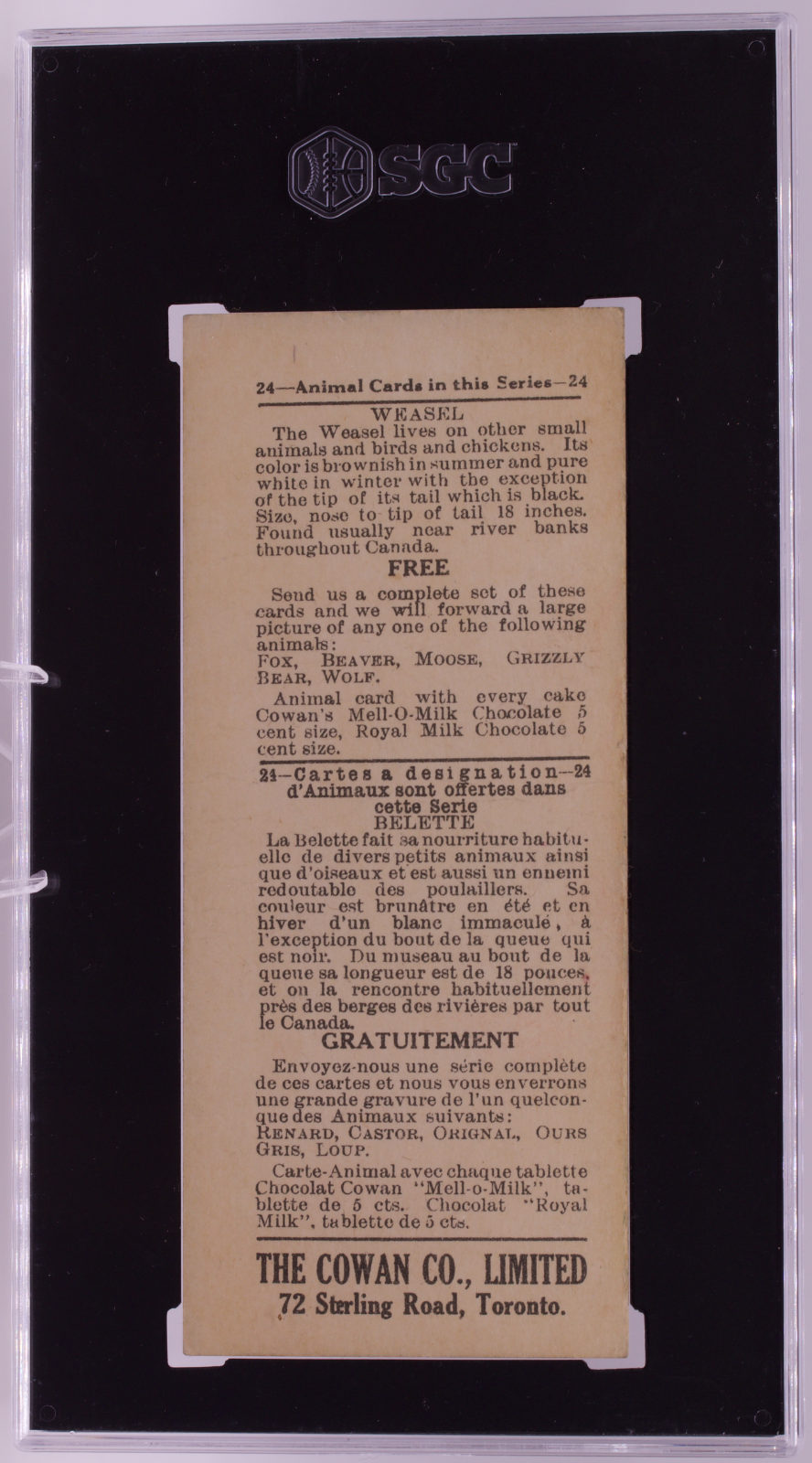 1920 Cowan Co V2 Animal Cards #23 Weasel SGC 1.5 FR Canadian Chocolate