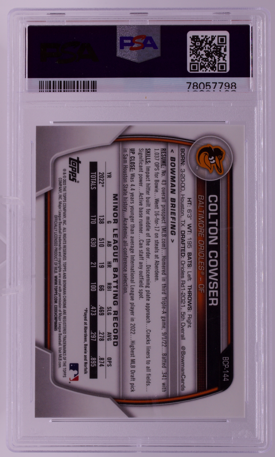 2023 Bowman Chrome Prospects Colton Cowser #BCP144 PSA 10 GEM MINT