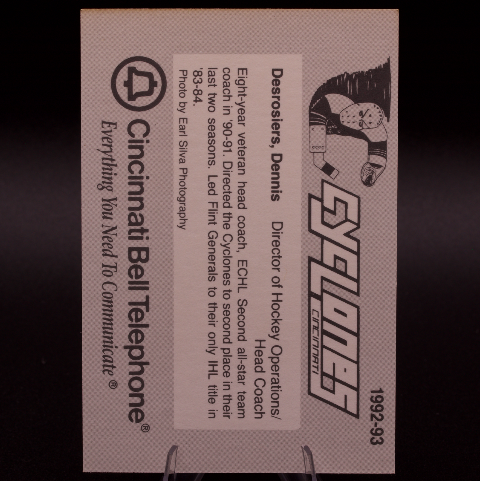 1992-93 Cincinnati Cyclones IHL Dennis Desrosiers Head Coach Team Issue Card