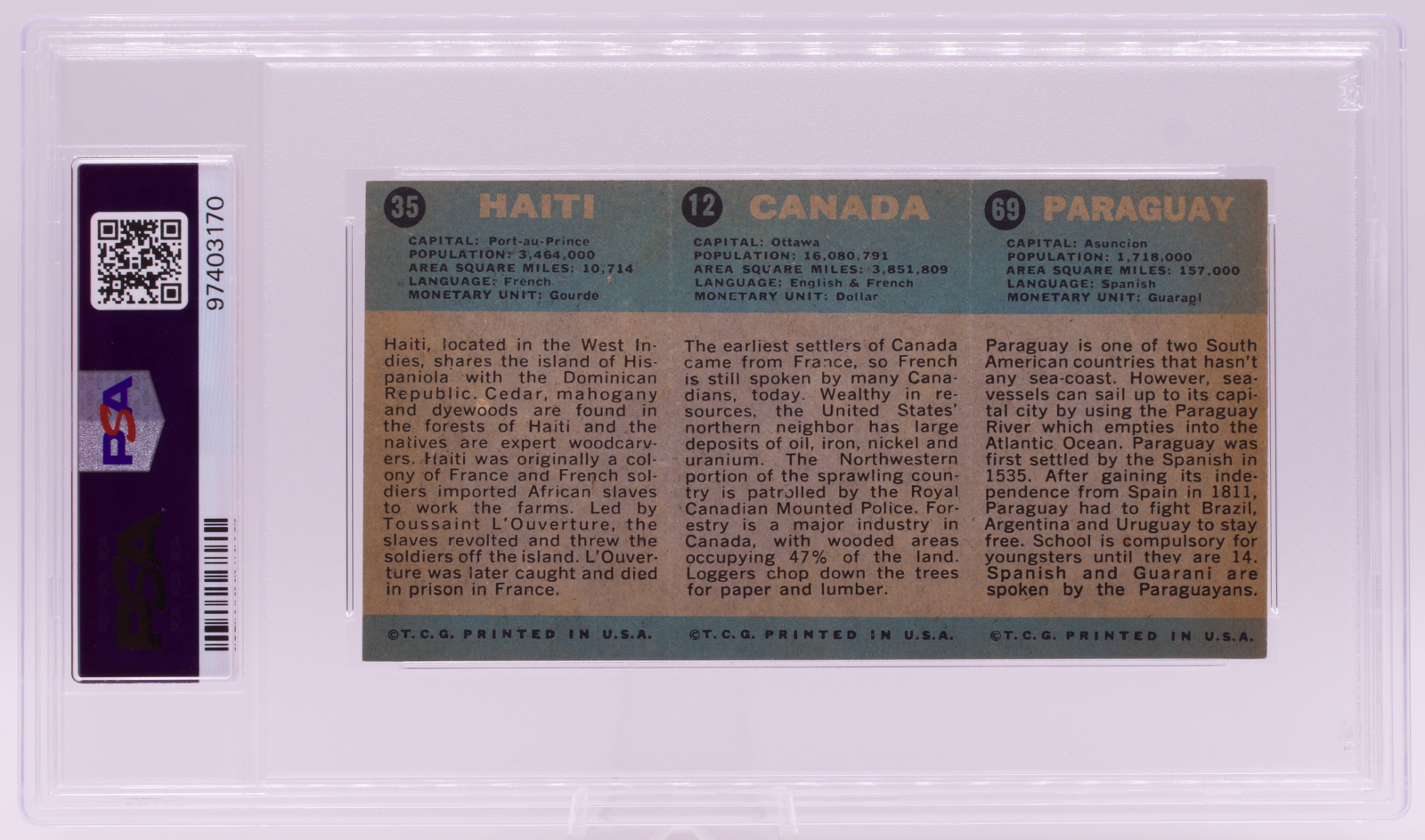 1963 Flag Midgee Cards Paraguay Canada Haiti PSA VG 3 Uncut Strip